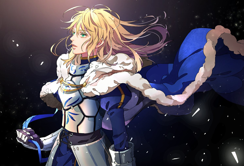 armor armored_dress artoria_pendragon_(all) blonde_hair breastplate cape clenched_hand commentary_request fate/grand_order fate/stay_night fate_(series) from_side fur_trim gauntlets gloves green_eyes saber yosi135