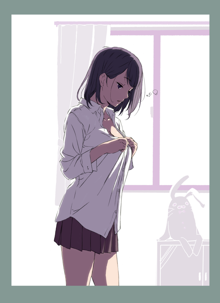 1girl absurdres bangs black_hair black_skirt border buttoning collarbone cowboy_shot curtains dress_shirt flat_color from_side highres indoors kakitama miniskirt original parted_lips pleated_skirt school_uniform shirt skirt solo stuffed_animal stuffed_bunny stuffed_toy violet_eyes window