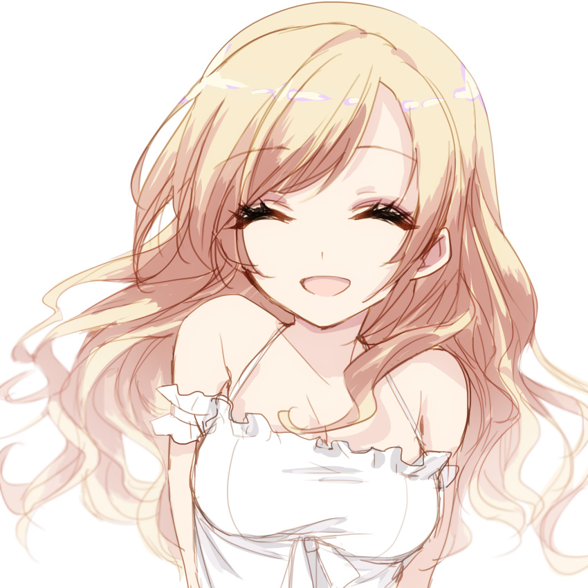 absurdres bangs bare_shoulders blonde_hair breasts cleavage closed_eyes commentary cuffs dress ears_visible_through_hair eyebrows_visible_through_hair hair_between_eyes highres long_hair medium_breasts misteor open_mouth original smile white_background white_dress