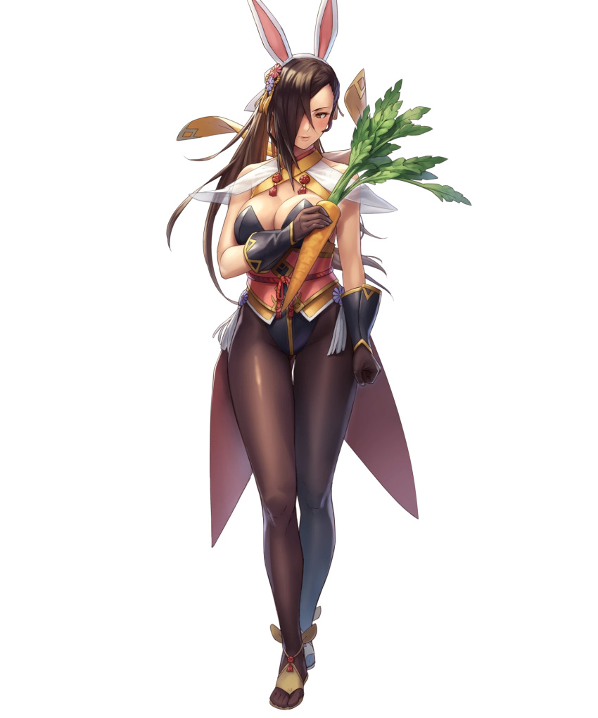 1girl animal_ears bare_shoulders breasts brown_eyes brown_hair carrot cleavage cuboon fake_animal_ears female fire_emblem fire_emblem_heroes fire_emblem_if food full_body gloves hair_over_one_eye hairband highres holding holding_carrot holding_food kagerou_(fire_emblem_if) large_breasts lips long_hair official_art pantyhose rabbit_ears sandals solo standing thigh_gap transparent_background