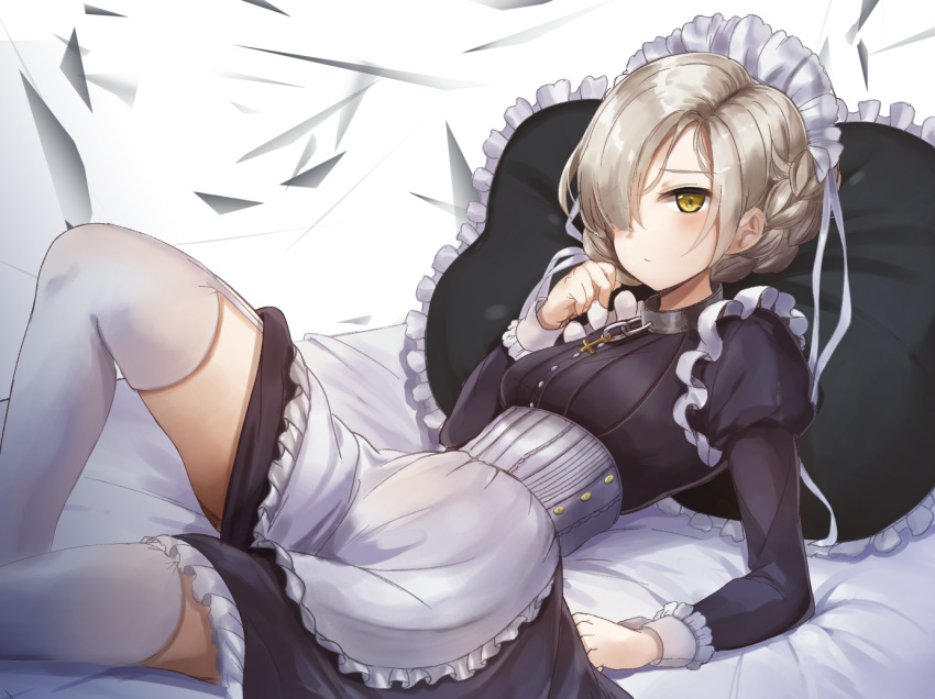 1girl apron arm_support azur_lane bangs bed_sheet black_dress blush braid breasts chains closed_mouth commentary_request cross dress frilled_apron frilled_pillow frills garter_straps hair_over_one_eye hand_up juliet_sleeves karumayu light_brown_hair long_sleeves looking_at_viewer lying maid maid_headdress on_back pillow puffy_sleeves sheffield_(azur_lane) small_breasts solo thigh-highs waist_apron white_apron white_legwear yellow_eyes