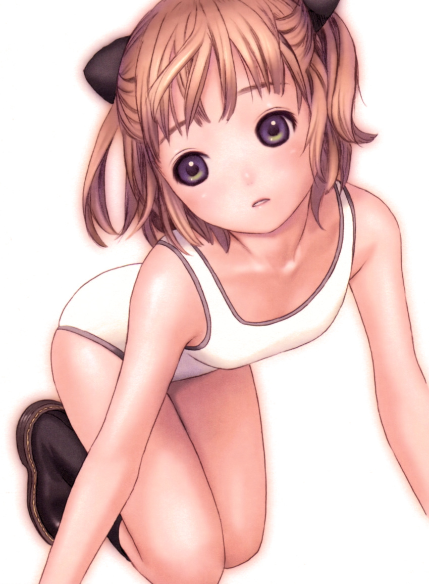 1girl absurdres all_fours bangs bare_shoulders black_footwear blonde_hair blunt_bangs blush boots brown_hair collarbone competition_swimsuit green_eyes hair_ornament head_tilt highres knee_boots murata_renji one-piece_swimsuit parted_lips scan short_twintails solo swimsuit tareme twintails violet_eyes white_background white_swimsuit