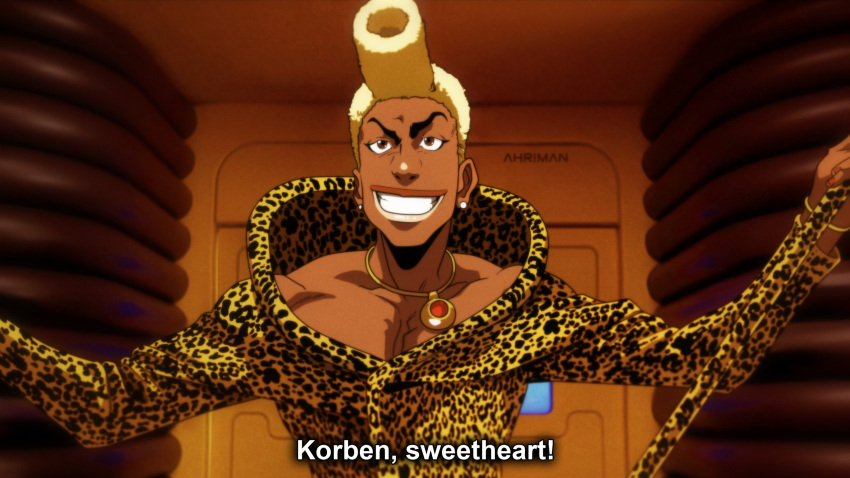 ahriman_(artist) animal_print brown_eyes dark_skin fake_screenshot highres jewelry leopard_print necklace parody ruby_rhod smile style_parody subtitled tagme the_fifth_element white_hair