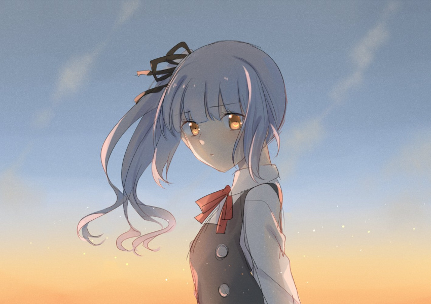 1girl asakawa_shinka black_ribbon brown_eyes buttons closed_mouth collared_shirt dress eyebrows_visible_through_hair feet_out_of_frame grey_hair hair_ribbon kantai_collection kasumi_(kantai_collection) long_hair long_sleeves looking_at_viewer neck_ribbon pinafore_dress red_ribbon remodel_(kantai_collection) ribbon school_uniform shirt side_ponytail sidelocks silver_hair sky solo sunset upper_body white_shirt yellow_eyes