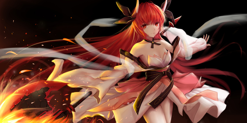 1girl absurdres axe bare_shoulders battle_axe breasts cleavage collarbone commentary commentary_request cowboy_shot date_a_live fire hair_ribbon highres holding holding_weapon horns huijin_zhi_ling itsuka_kotori japanese_clothes kimono long_hair long_sleeves looking_at_viewer outstretched_arm red_eyes redhead ribbon small_breasts smile solo very_long_hair weapon wide_sleeves