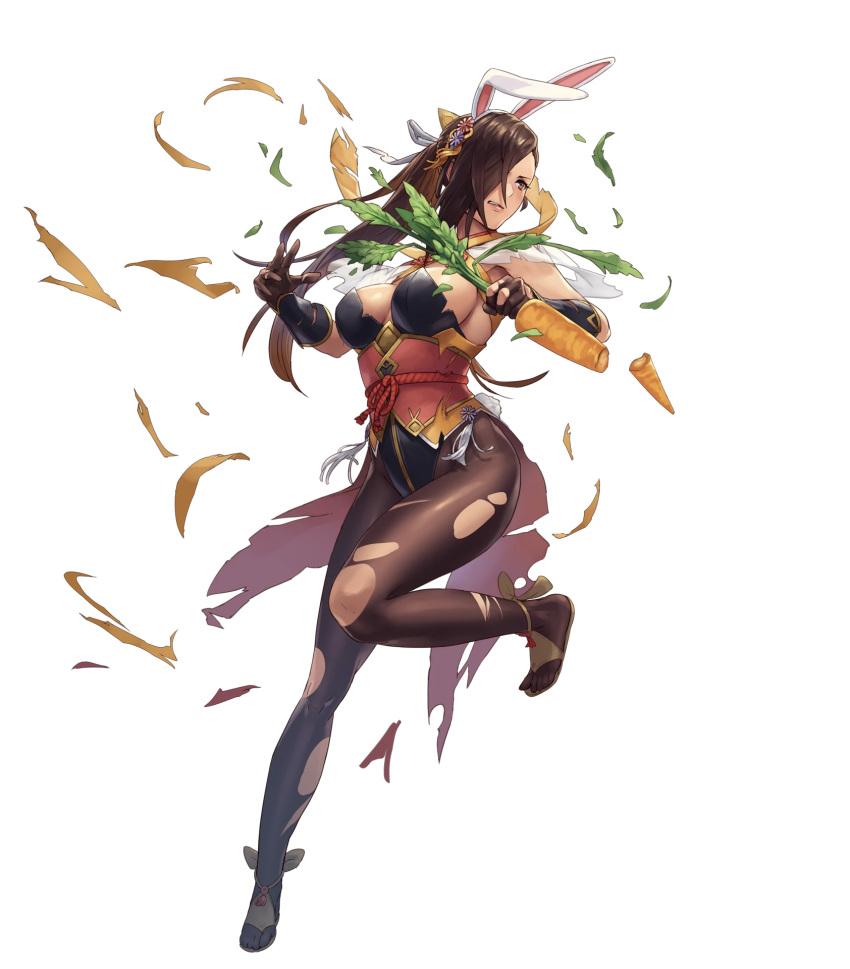 1girl animal_ears breasts brown_hair carrot cleavage cuboon fake_animal_ears fire_emblem fire_emblem_heroes fire_emblem_if full_body gloves hair_over_one_eye highres holding kagerou_(fire_emblem_if) large_breasts long_hair official_art pantyhose rabbit_ears solo thigh_gap transparent_background