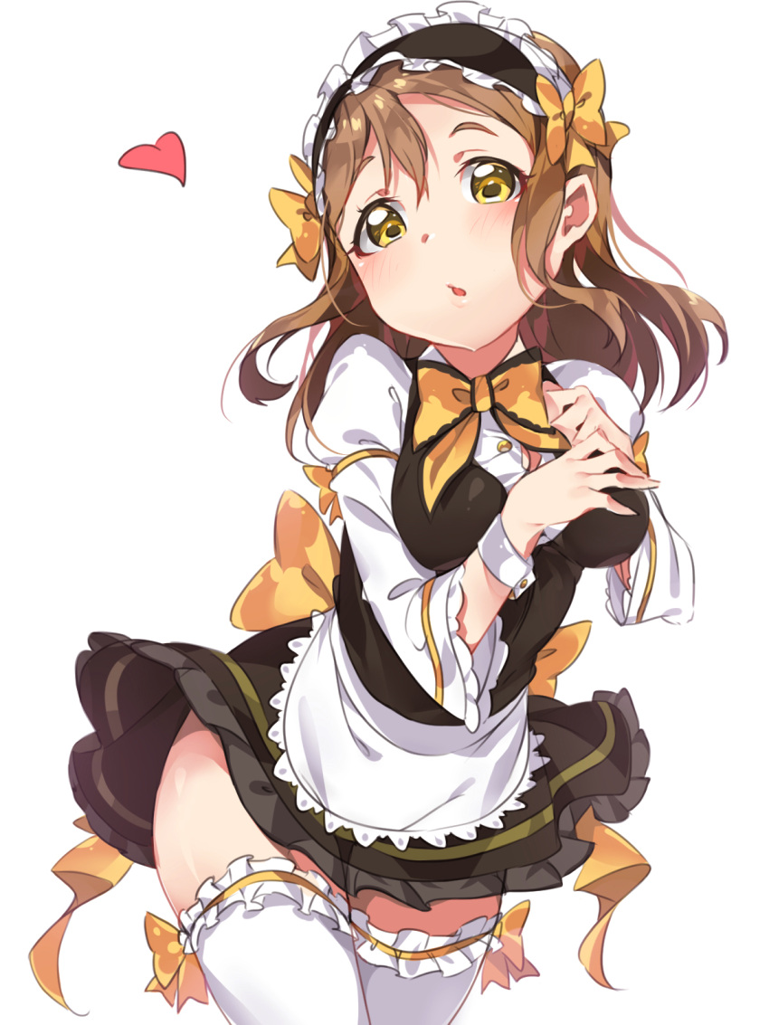 1girl :o apron bangs blush bow bow_legwear bowtie breasts brown_hair cowboy_shot frilled_legwear hair_bow hairband heart highres kunikida_hanamaru lolita_hairband long_hair long_sleeves looking_at_viewer love_live! love_live!_sunshine!! maid sash simple_background solo tem10 thigh-highs waist_apron white_background white_legwear wrist_cuffs yellow_bow yellow_eyes yellow_neckwear