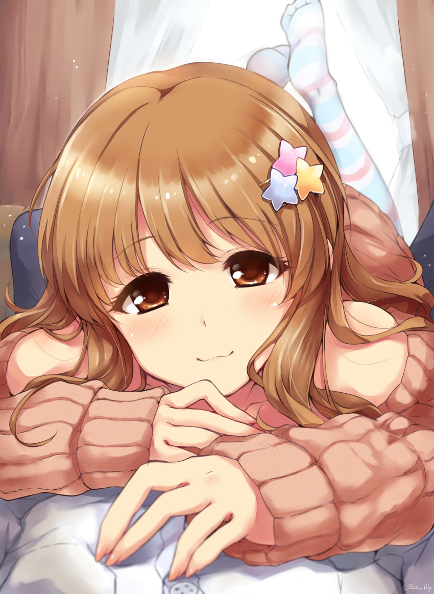 1girl :3 bangs bare_shoulders blush brown_eyes brown_hair brown_sweater curtains detached_sleeves eyebrows_visible_through_hair girl_on_top hair_ornament highres idolmaster idolmaster_cinderella_girls indoors long_hair looking_at_viewer lying moroboshi_kirari no_shoes on_person on_stomach paopao pov ribbed_sweater smile solo_focus star star_hair_ornament striped striped_legwear sweater twitter_username