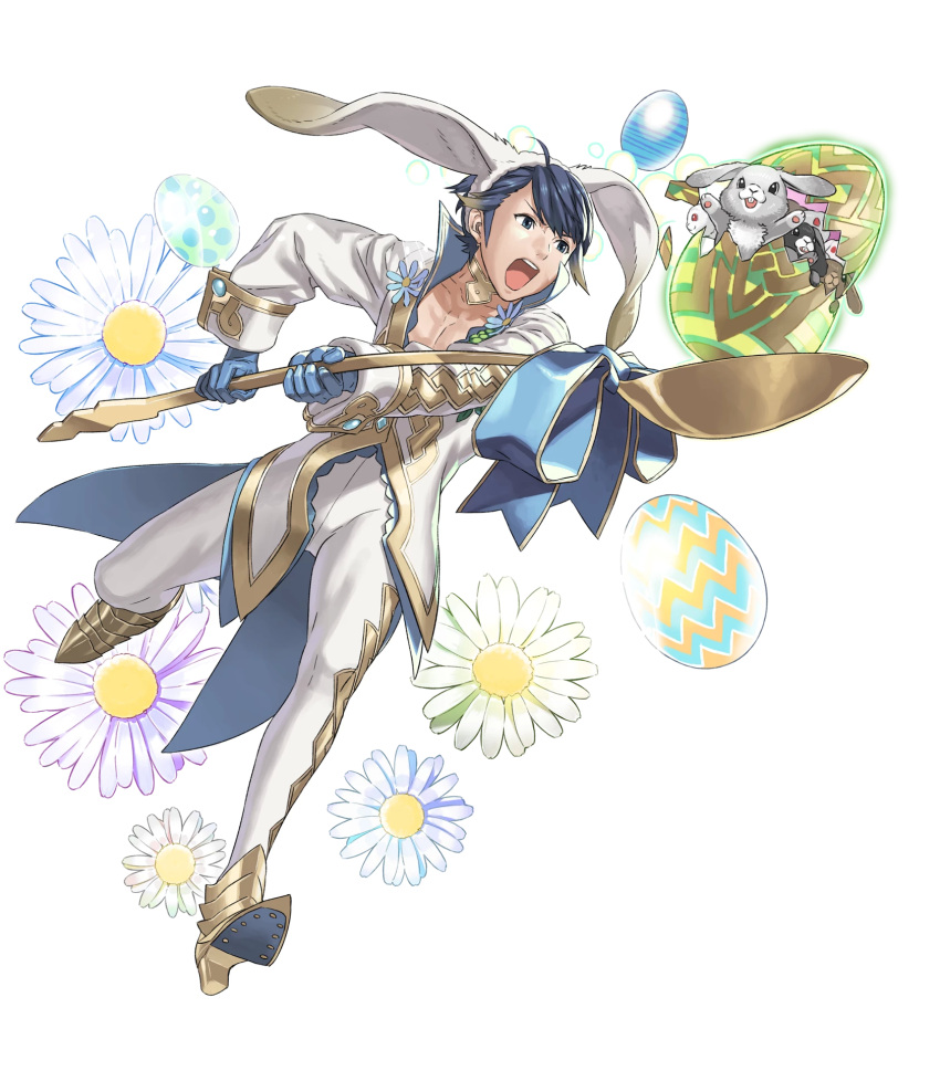 1boy alfonse_(fire_emblem) alternate_costume animal_ears blue_eyes blue_gloves blue_hair collarbone cracked_egg cracked_shell daffodil easter easter_egg fake_animal_ears fire_emblem fire_emblem_heroes flower full_body gloves glowing hairband highres holding kozaki_yuusuke leg_up male_focus multicolored_hair pectorals rabbit rabbit_ears see-through solo spoon streaked_hair