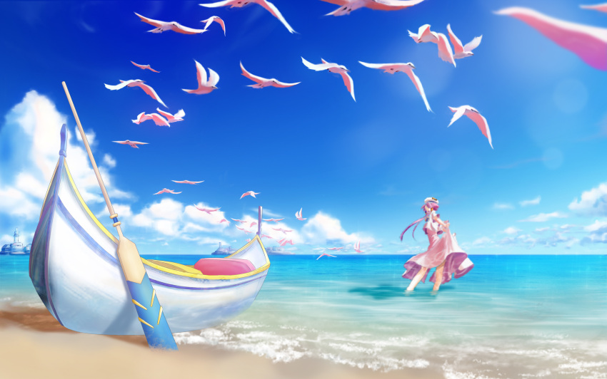 1girl aria beach bird blurry blurry_background gondola hat highres long_hair mizunashi_akari ocean open_mouth paddle pink_hair sand seagull shiruko_sand short_hair_with_long_locks sidelocks sky solo standing surf uniform very_long_hair waves