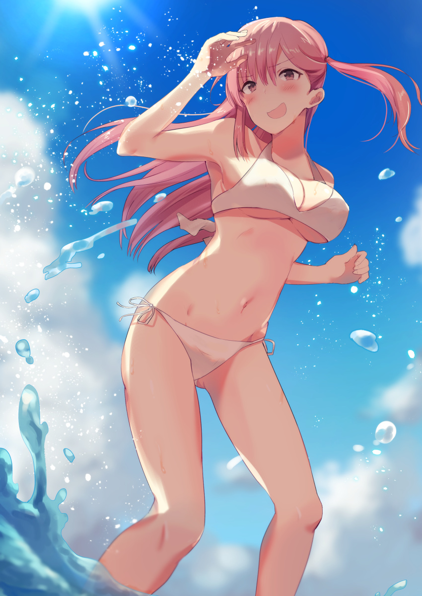 1girl :d absurdres bad_id bad_pixiv_id bangs bikini blue_sky blush breasts clouds cloudy_sky day eyebrows_visible_through_hair hands_up highres legs_apart light_rays long_hair medium_breasts navel ocean one_side_up open_mouth original outdoors pink_eyes pink_hair senbei_(senbe_i) side-tie_bikini sky smile solo standing summer sunbeam sunlight swimsuit thighs white_bikini