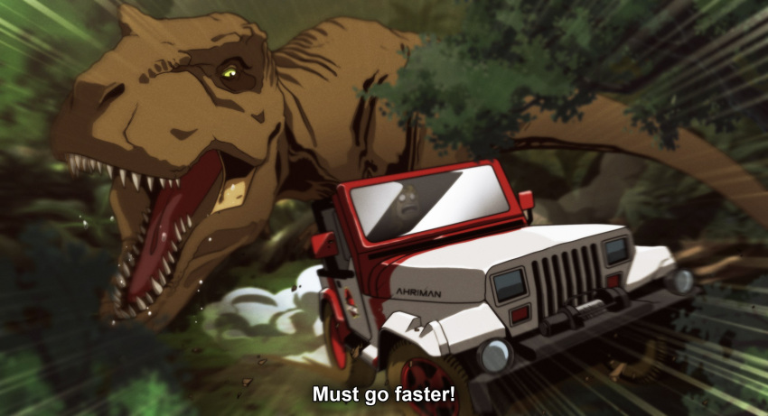 1boy ahriman_(artist) car dinosaur fake_screenshot ground_vehicle highres jurassic_park motor_vehicle parody style_parody tagme tyrannosaurus_rex