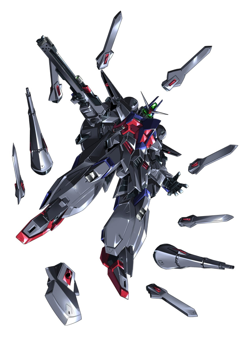 beam_rifle commentary_request energy_gun from_below full_body funnels glowing glowing_eyes green_eyes gundam gundam_seed gundam_seed_destiny highres legend_gundam looking_at_viewer mecha no_humans paintedmike weapon white_background