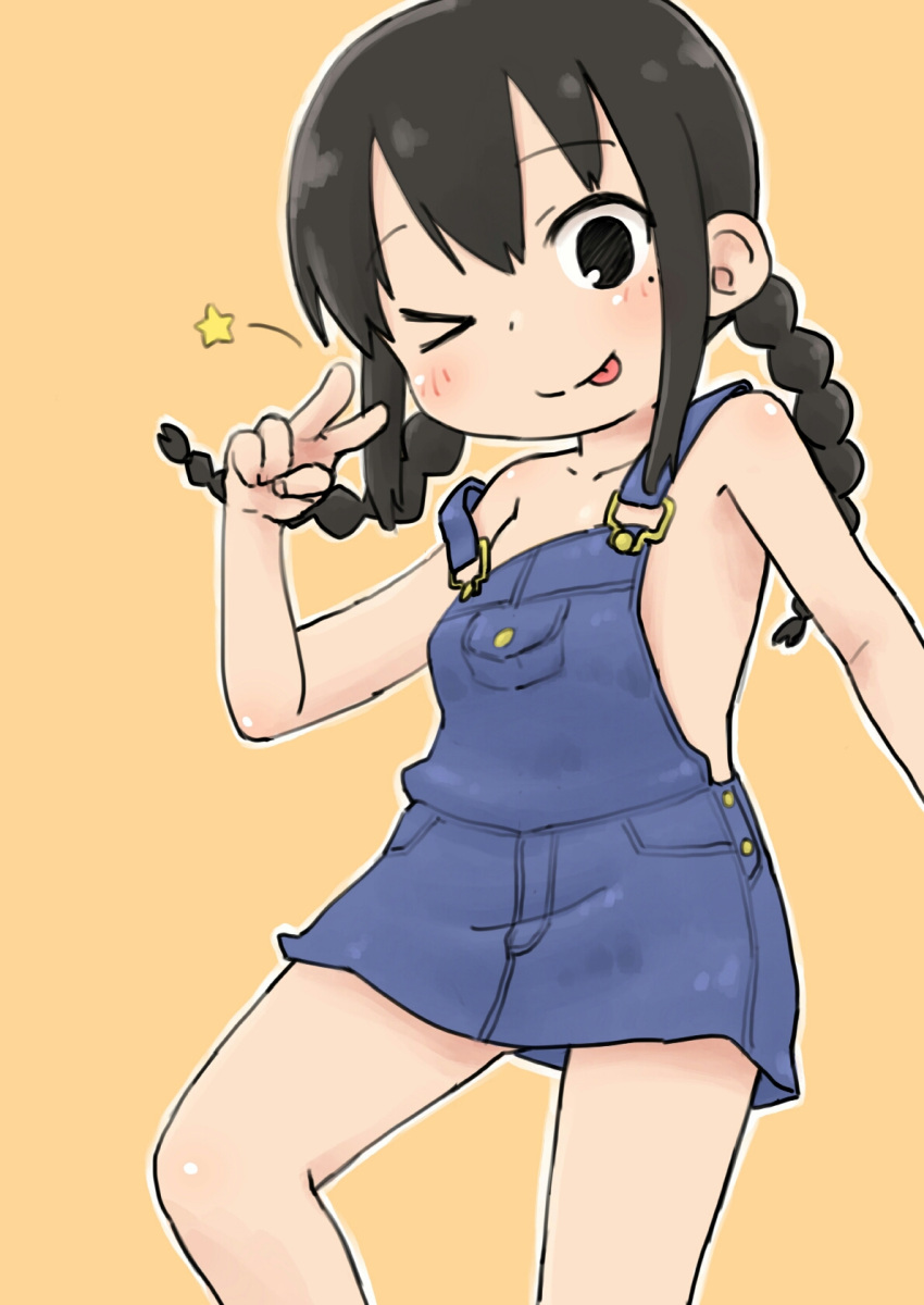 1girl :p arm_up black_eyes braid denim_dress dress highres long_hair mitsudomoe ogata_airi one_eye_closed overall_dress short_dress smile solo strap_slip tomboo tongue tongue_out twin_braids twintails v