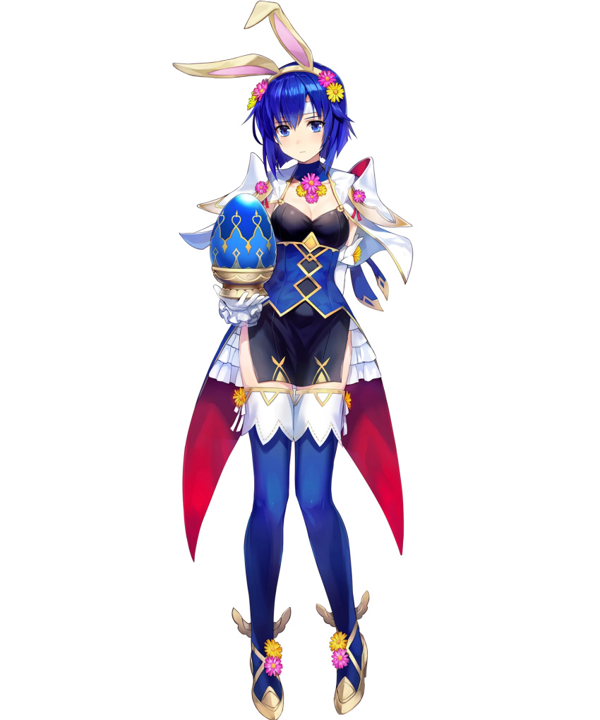 1girl amagai_tarou animal_ears bangs blue_eyes blue_hair blue_legwear breasts capelet cleavage dress easter_egg egg eyebrows_visible_through_hair fake_animal_ears fire_emblem fire_emblem:_mystery_of_the_emblem fire_emblem_heroes flower full_body gloves hair_flower hair_ornament headband high_heels highres holding katua looking_at_viewer medium_breasts official_art pelvic_curtain rabbit_ears short_dress short_hair solo thigh-highs transparent_background white_gloves