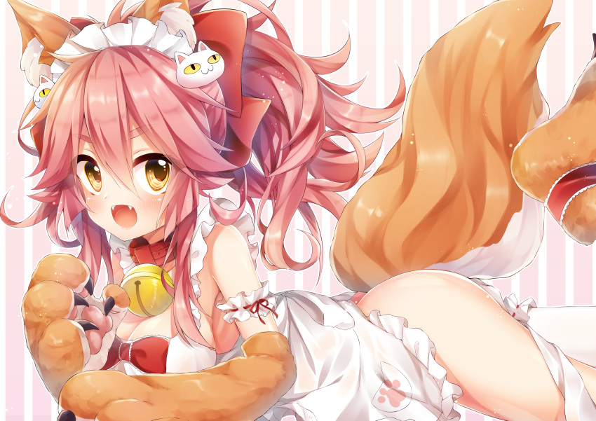 1girl absurdres animal_ears apron bell bell_collar blush breasts cat_hair_ornament cat_paws cleavage collar eyebrows_visible_through_hair fangs fate/grand_order fate_(series) fox_ears fox_tail gloves hair_ornament hair_ribbon highres jingle_bell kinosaki_yuuta large_breasts long_hair looking_at_viewer maid_headdress naked_apron open_mouth paw_gloves paw_shoes paws pink_hair ponytail red_ribbon ribbon shoes sideboob solo tail tamamo_(fate)_(all) tamamo_cat_(fate)