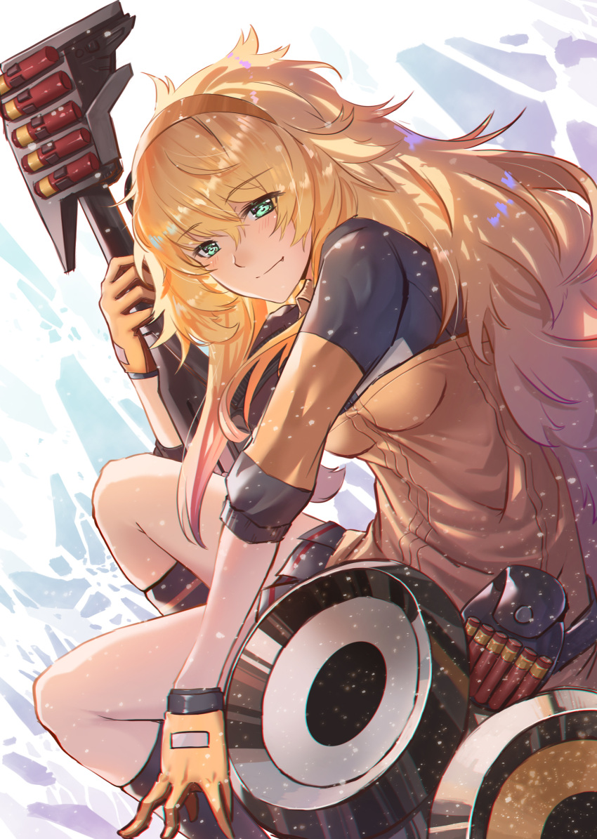 1girl absurdres bangs bike_shorts black_gloves blonde_hair blush eyebrows_visible_through_hair eyes_visible_through_hair fang_out girls_frontline gloves green_eyes gun hair_between_eyes hairband highres holding holding_gun holding_weapon jacket long_hair looking_at_viewer machinery messy_hair open_mouth pleated_skirt pouch s.a.t.8_(girls_frontline) shotgun shotgun_shells shotgun_speed_loader sidelocks skirt smile snow snowing solo squatting ten_no_hoshi thighs very_long_hair weapon