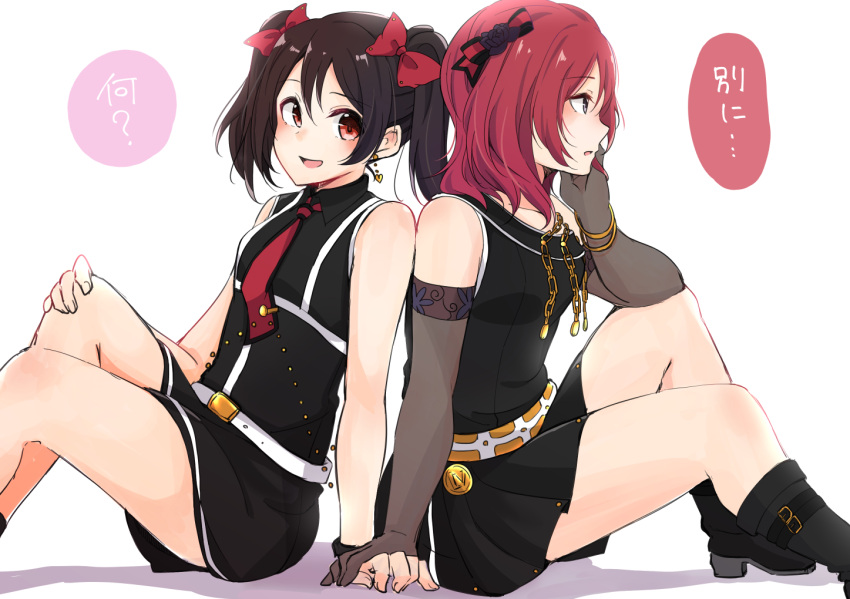 2girls :d back-to-back belt black_hair black_legwear black_skirt boots bow bracelet chains diamond_princess_no_yuuutsu earrings elbow_gloves elbow_on_knee gloves gold_chain hair_bow hand_holding hand_on_own_cheek jewelry knees_up love_live! love_live!_school_idol_project multiple_girls necktie nishikino_maki open_mouth red_bow red_eyes red_neckwear redhead rurika_seijin simple_background sitting skirt sleeveless smile tie_clip translation_request twintails white_background yazawa_nico yuri