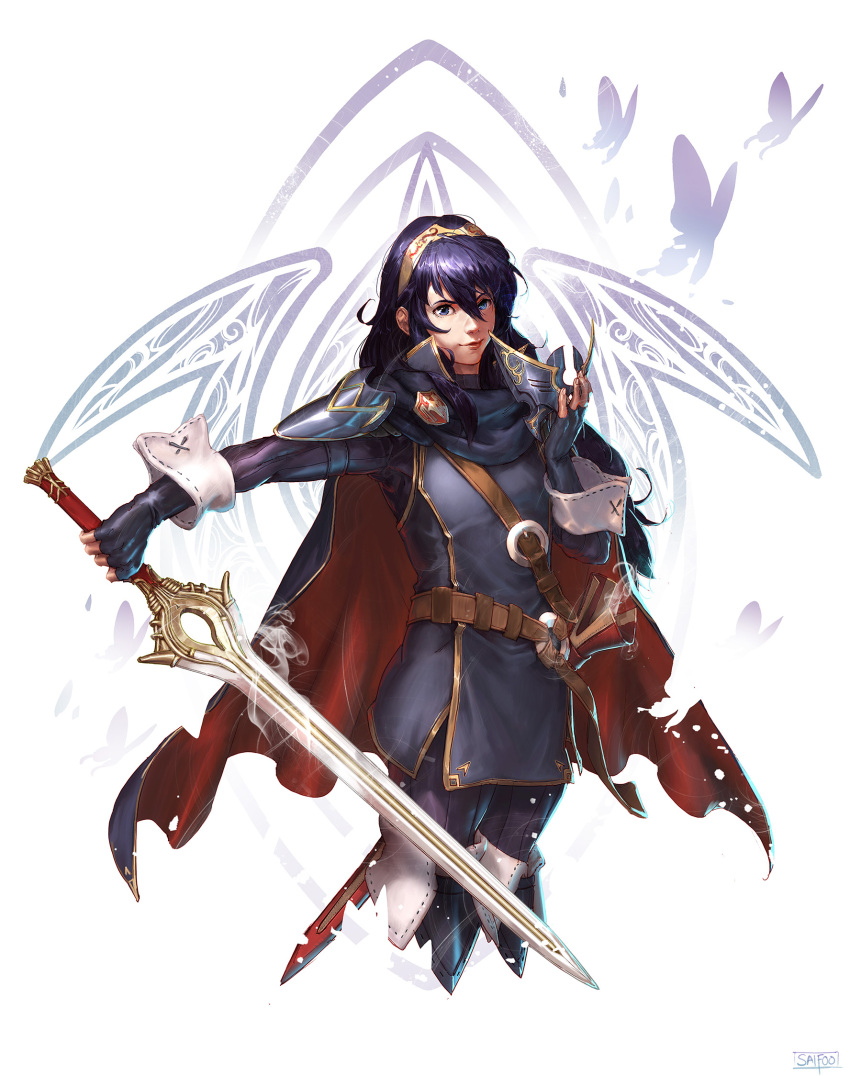1girl badge belt blue_eyes blue_hair butterfly cape cropped_legs fire_emblem fire_emblem:_kakusei highres looking_at_viewer lucina mask mask_removed saifful_johan_foo scabbard sheath smile solo strap sword tiara weapon