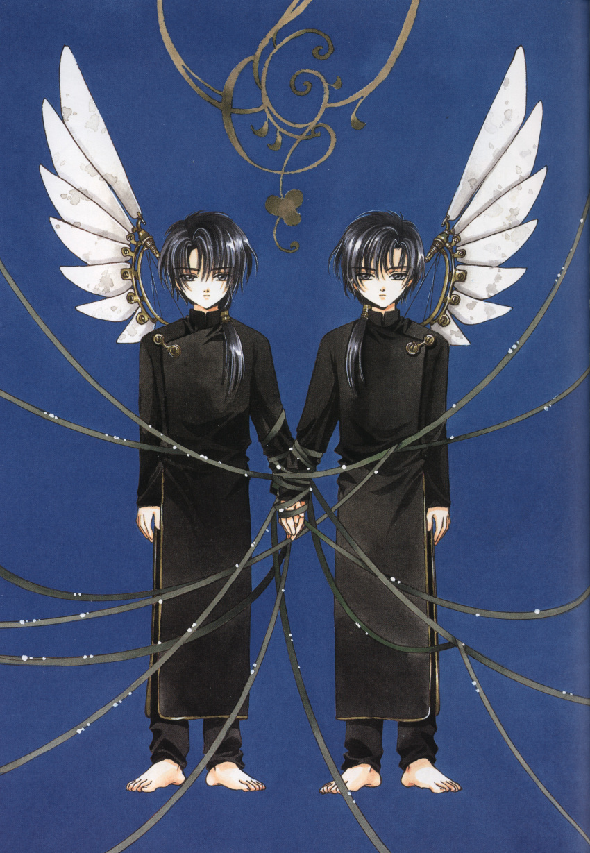 2boys a_(clover) absurdres angel_wings bangs barefoot black_eyes black_hair blue_background bound bound_together brothers chinese_clothes clamp closed_mouth clover_(manga) expressionless hand_holding highres long_hair long_sleeves looking_at_viewer low_ponytail male_focus mechanical_wings multiple_boys official_art parted_bangs ran_(clover) ribbon scan siblings single_wing symmetrical_pose twins white_wings wings