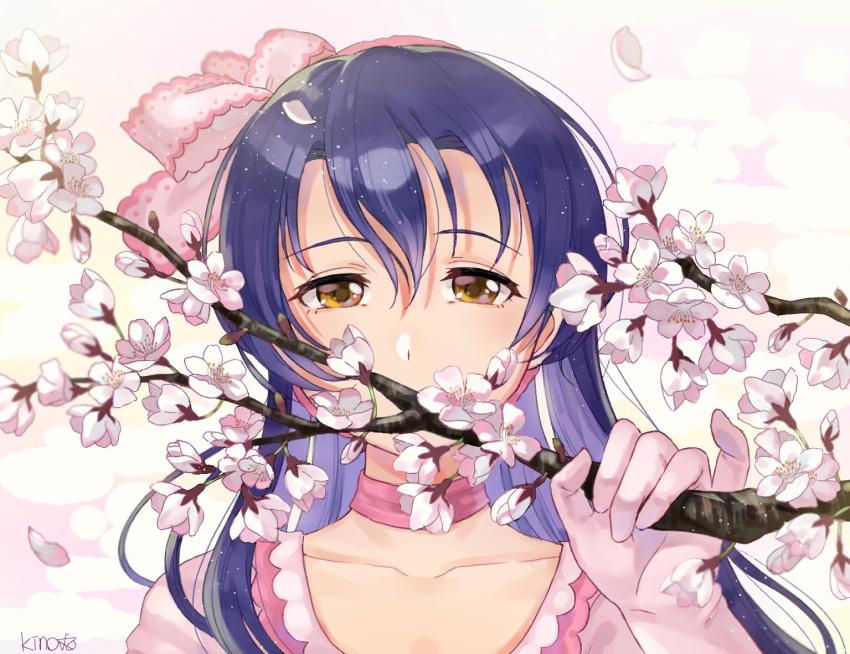 1girl artist_name bangs blue_hair bow branch cherry_blossoms choker gloves hair_between_eyes hair_bow half-closed_eyes holding_branch kino-maru_inu long_hair looking_at_viewer love_live! love_live!_school_idol_project petals pink_bow pink_choker pink_gloves pinky_out portrait shiranai_love_oshiete_love solo sonoda_umi yellow_eyes