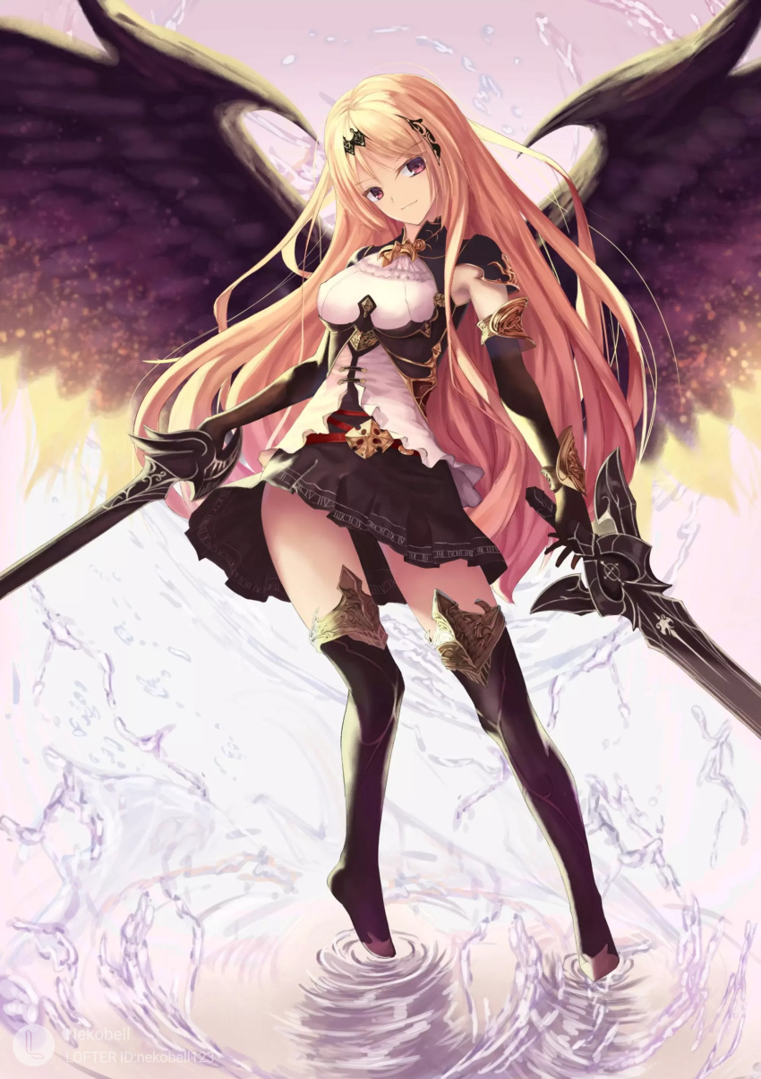 1girl absurdres bangs blonde_hair dark_angel_olivia dress dual_wielding full_body granblue_fantasy highres holding holding_sword holding_weapon long_hair looking_at_viewer nekobell ripples shadowverse short_dress solo splashing standing sword water weapon wings