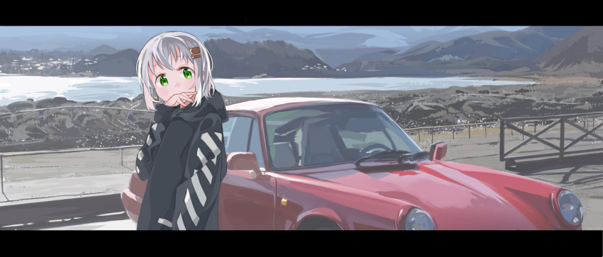 1girl bangs black_hoodie car commentary_request covered_mouth day green_eyes ground_vehicle hair_ornament hairclip hand_up head_tilt hei_(tonarinohey) hood hood_down hoodie lake long_sleeves looking_at_viewer motor_vehicle mountain outdoors road scenery silver_hair solo vehicle_request water yama_no_susume yukimura_aoi