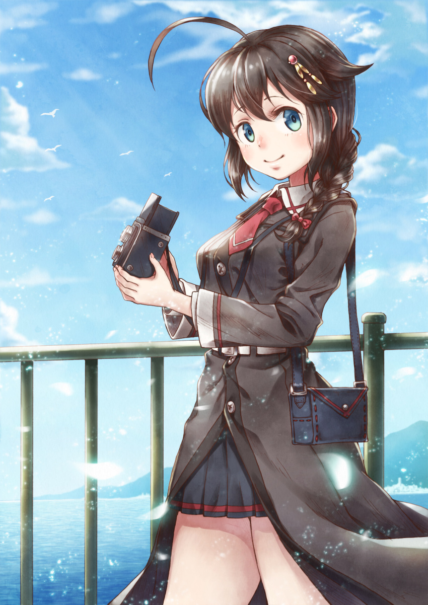 1girl ahoge bag bangs belt bird black_hair blue_eyes blue_sky blurry bow braid breasts buttons camera clouds coat commentary_request day depth_of_field fence graphite_(medium) hair_bow hair_flaps hair_ornament hair_over_shoulder hairpin highres holding holding_camera horizon kantai_collection long_hair long_sleeves looking_at_viewer medium_breasts mountain necktie ocean outdoors pleated_skirt red_neckwear remodel_(kantai_collection) shigure_(kantai_collection) sho_(sumika) short_necktie shoulder_bag single_braid skirt sky smile solo standing traditional_media water