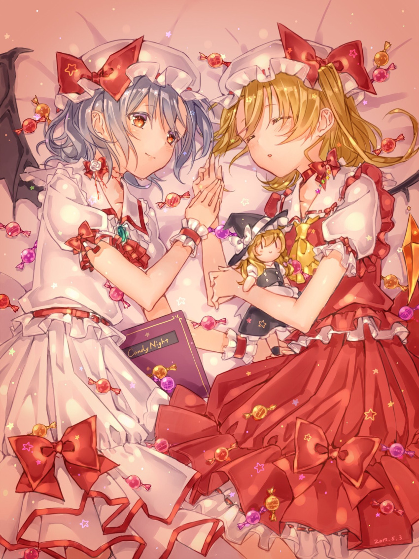2girls bat_wings belt blonde_hair blue_hair book bow candy character_doll closed_eyes closed_mouth dated flandre_scarlet food hand_holding hat hat_bow highres jiinyo_(awamoe1207) kirisame_marisa lying mob_cap multiple_girls on_side puffy_short_sleeves puffy_sleeves red_bow red_eyes red_skirt remilia_scarlet short_sleeves siblings sisters skirt skirt_set sleeping smile touhou vest wings wrist_cuffs