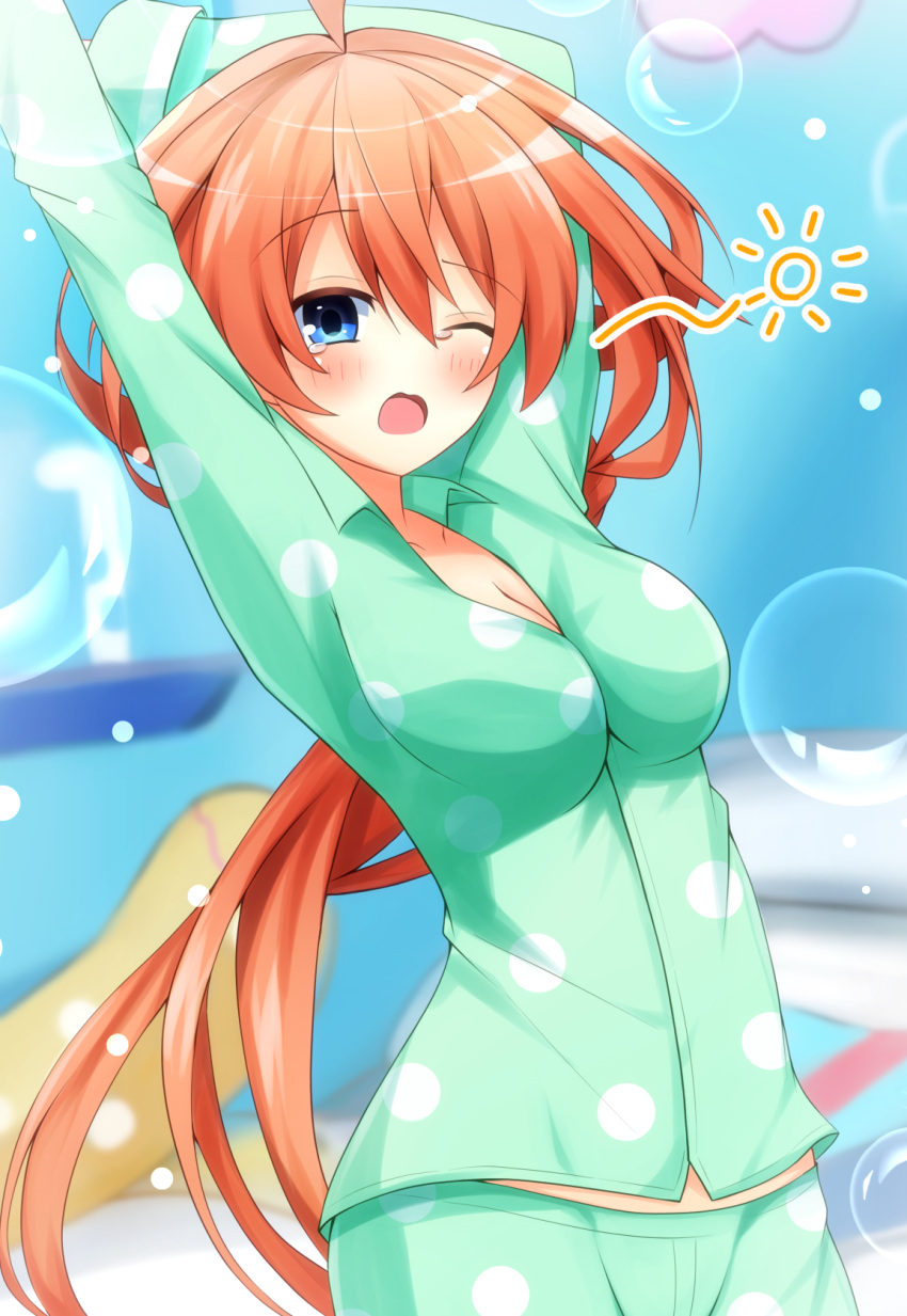 1girl ahoge bed blue_eyes blush breasts cleavage highres kannuki_natsume long_hair looking_at_viewer medium_breasts one_eye_closed orange_hair pajamas shironeko_haru solo tears tokyo_clanpool yawning