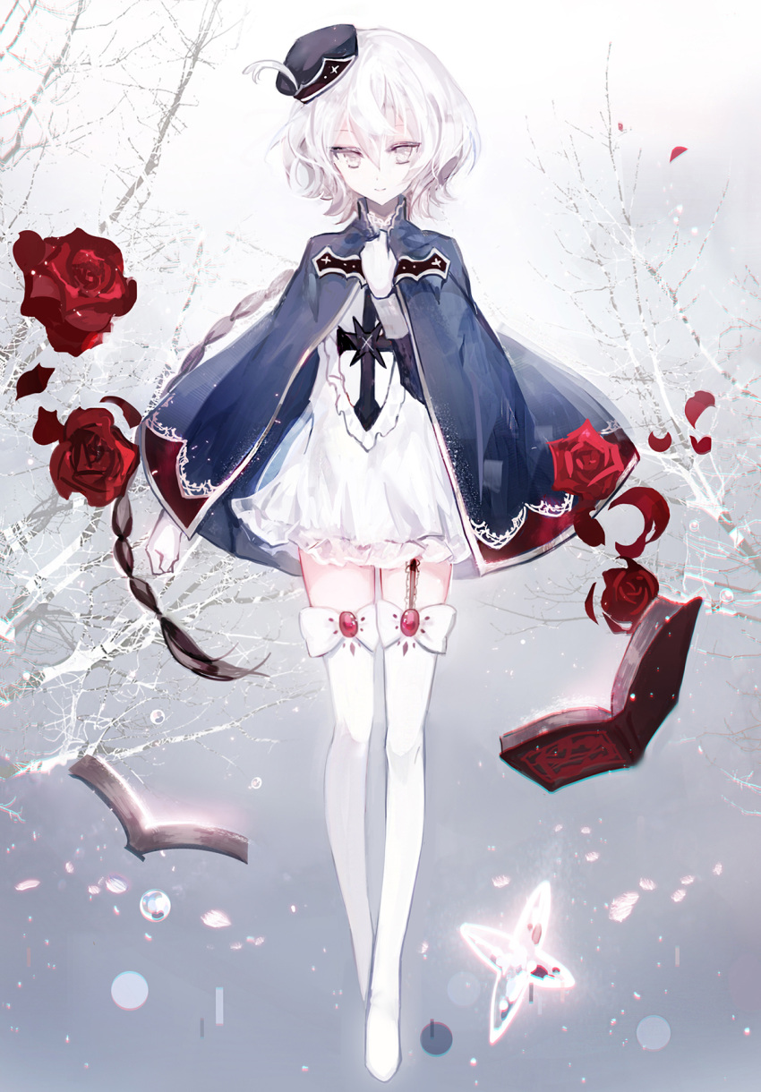 1girl bangs black_hat blue_cape book boots bow braid cape closed_mouth commentary_request dress flower full_body garter_straps gloves hair_between_eyes hand_on_own_chest hand_up hat highres long_hair long_sleeves looking_at_viewer moemoe3345 open_book original petals red_flower red_rose rose rose_petals smile solo thigh-highs thigh_boots tree_branch very_long_hair white_bow white_dress white_eyes white_footwear white_gloves white_hair white_legwear