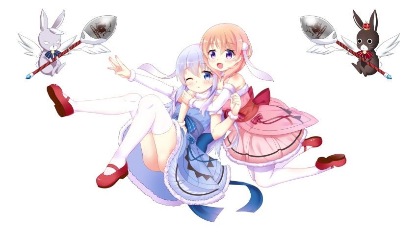 2girls :d ;o absurdres animal anko_(gochiusa) bare_shoulders blue_dress blue_eyes blush chihong_de_tianshi detached_sleeves dress fur-trimmed_skirt fur-trimmed_sleeves fur_trim gochuumon_wa_usagi_desu_ka? highres holding holding_spoon hoto_cocoa hug hug_from_behind kafuu_chino kneeling light_brown_hair long_hair long_sleeves mary_janes multiple_girls one_eye_closed open_mouth parted_lips pink_skirt pleated_skirt rabbit red_footwear shoes silver_hair simple_background single_detached_sleeve skirt smile thigh-highs very_long_hair violet_eyes white_background white_legwear white_wings wild_geese wings