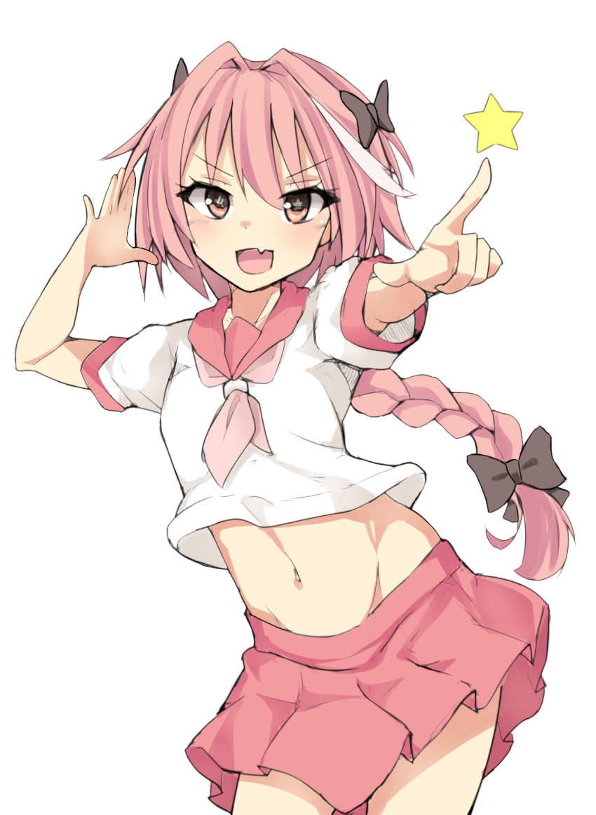 1boy :d astolfo_(fate) bangs black_bow blush bow braid collarbone contrapposto cowboy_shot crop_top dot_nose eyebrows_visible_through_hair eyelashes fang fate/apocrypha fate/grand_order fate_(series) groin hair_between_eyes hair_bow hair_intakes hands_up hatching_(texture) highres index_finger_raised long_hair looking_at_viewer male_focus miniskirt multicolored_hair navel neckerchief open_mouth pink_eyes pink_hair pink_neckwear pink_sailor_collar pink_skirt pleated_skirt pointing pointing_at_viewer sailor_collar school_uniform serafuku shirt short_sleeves simple_background single_braid skirt sleeve_cuffs smile solo standing star star-shaped_pupils stomach streaked_hair symbol-shaped_pupils trap v-shaped_eyebrows white_background white_hair white_shirt zeroyama