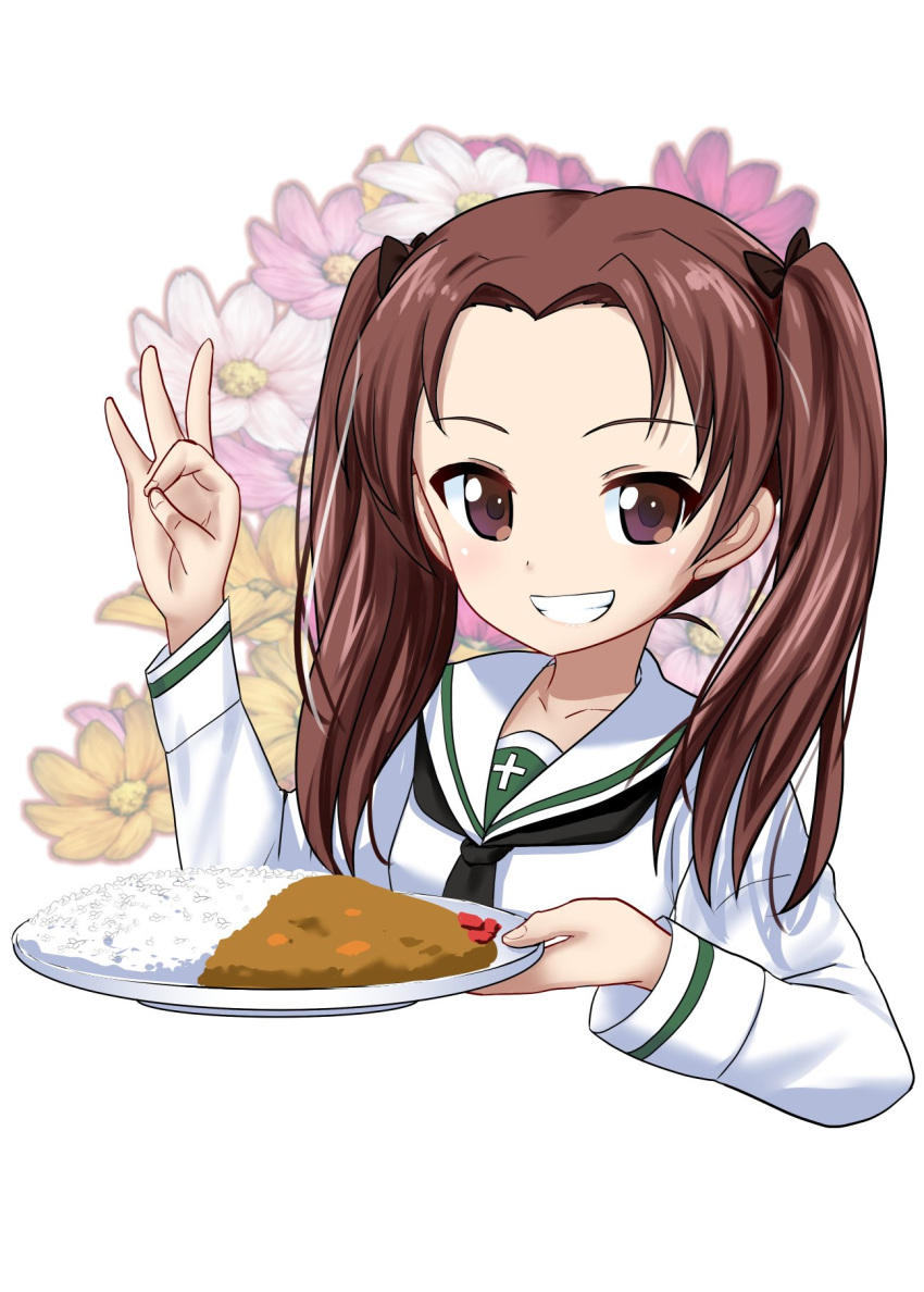 1girl bangs black_neckwear blouse brown_eyes brown_hair commentary_request cropped_torso curry curry_rice excel_(shena) eyebrows_visible_through_hair food girls_und_panzer grin highres holding kadotani_anzu long_hair long_sleeves looking_at_viewer money_gesture neckerchief ooarai_school_uniform parted_bangs plate portrait rice school_uniform serafuku smile solo twintails white_background white_blouse