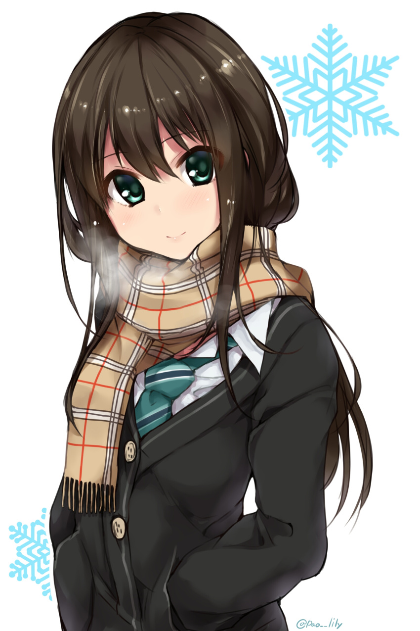 1girl absurdres bangs blush breath brown_hair brown_scarf buttons cardigan enpera eyebrows_visible_through_hair fringe green_eyes green_neckwear hands_in_pockets highres idolmaster idolmaster_cinderella_girls lips long_hair long_sleeves looking_at_viewer necktie paopao plaid plaid_scarf scarf school_uniform shibuya_rin shiny shiny_hair shirt simple_background snowflakes solo striped_neckwear tareme twitter_username upper_body white_background white_shirt