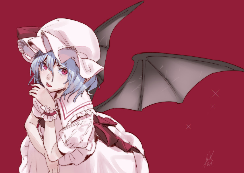1girl bat_wings blue_hair dress frilled_shirt_collar frills from_above hair_between_eyes hand_up hat hat_ribbon highres kamiyama_aya looking_at_viewer looking_up mob_cap pink_dress puffy_short_sleeves puffy_sleeves red_background red_eyes remilia_scarlet ribbon short_hair short_sleeves simple_background solo tongue tongue_out touhou wings wrist_cuffs