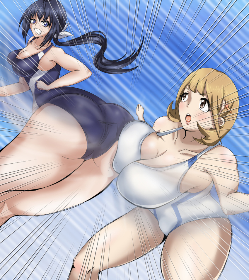 2girls ass bai-anime blonde_hair blue_hair bouncing_breasts breasts brown_eyes competition_swimsuit crossover dutch_angle eyebrows highres hip_attack huge_breasts kaminashi_nozomi keijo!!!!!!!! large_breasts multiple_girls narusawa_ryouka occultic;nine one-piece_swimsuit season_connection speed_lines swimsuit