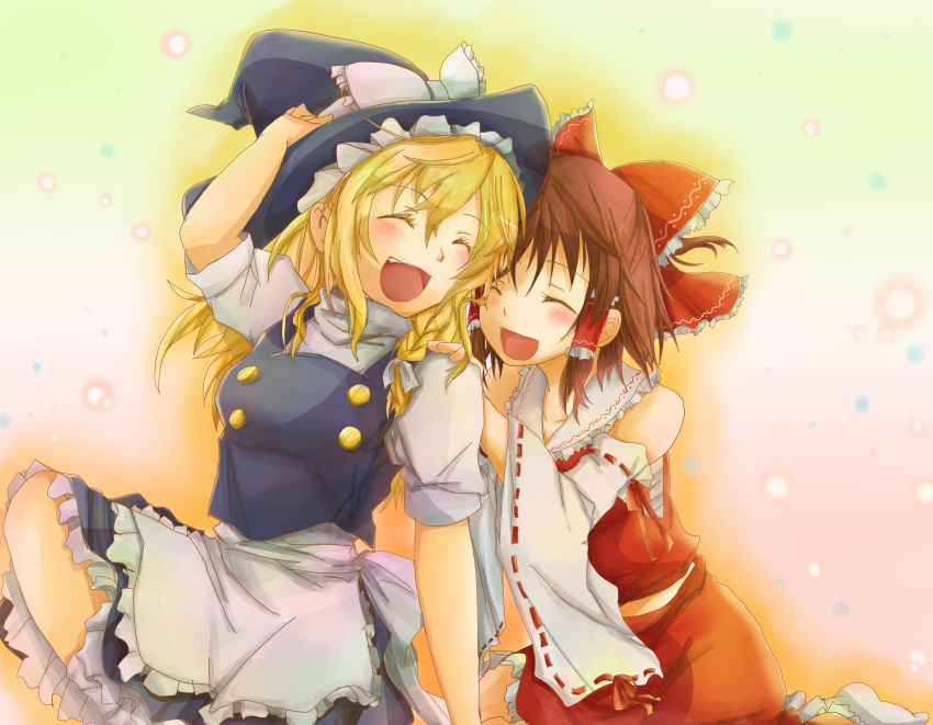 2girls ^_^ ^o^ asyuaffw blonde_hair blouse blush bow braid breasts brown_hair closed_eyes detached_sleeves hair_bow hair_tubes hakurei_reimu hands_on_another's_shoulders happy hat highres indian_style kirisame_marisa laughing long_hair medium_breasts medium_hair multiple_girls sarashi short_sleeves side_braid single_braid sitting skirt skirt_set touhou vest witch_hat