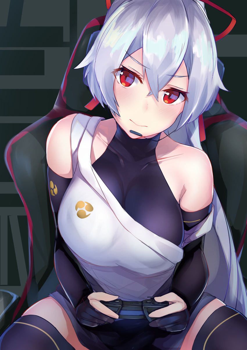 1girl absurdres bare_shoulders breasts chair commentary_request controller fate/grand_order fate_(series) hair_ribbon head_tilt headset highres large_breasts long_hair looking_at_viewer nanakaku playing_games ponytail red_eyes reflection ribbon silver_hair sitting solo strap_slip tomoe_gozen_(fate/grand_order) very_long_hair