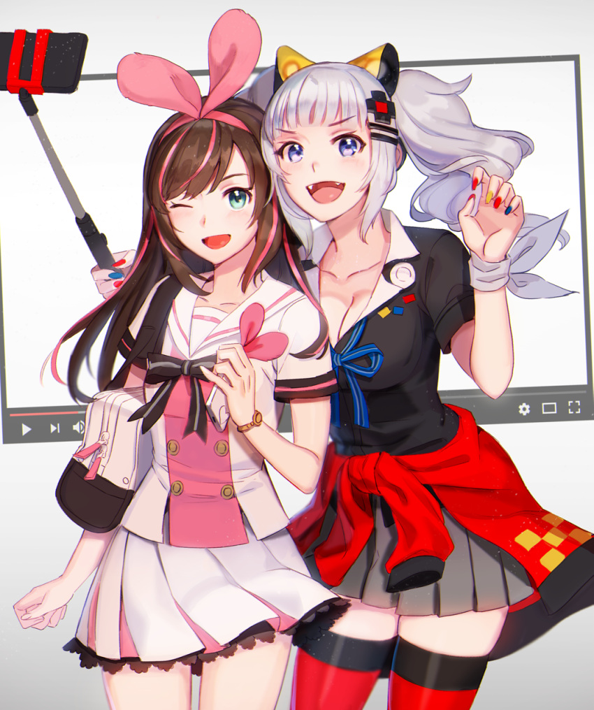 2girls :d ;d a.i._channel bag bangs blunt_bangs blush bow bowtie breasts brown_hair cleavage cowboy_shot fangs gradient_hair hair_ornament hair_ribbon hairclip highres jeonpa kaguya_luna kaguya_luna_(character) kizuna_ai large_breasts long_hair looking_at_viewer multicolored_hair multiple_girls nail_polish obi one_eye_closed open_mouth pleated_skirt ribbon sailor_collar sash selfie_stick short_sleeves silver_hair skirt small_breasts smile swept_bangs thigh-highs twintails two-tone_hair virtual_youtuber youtube