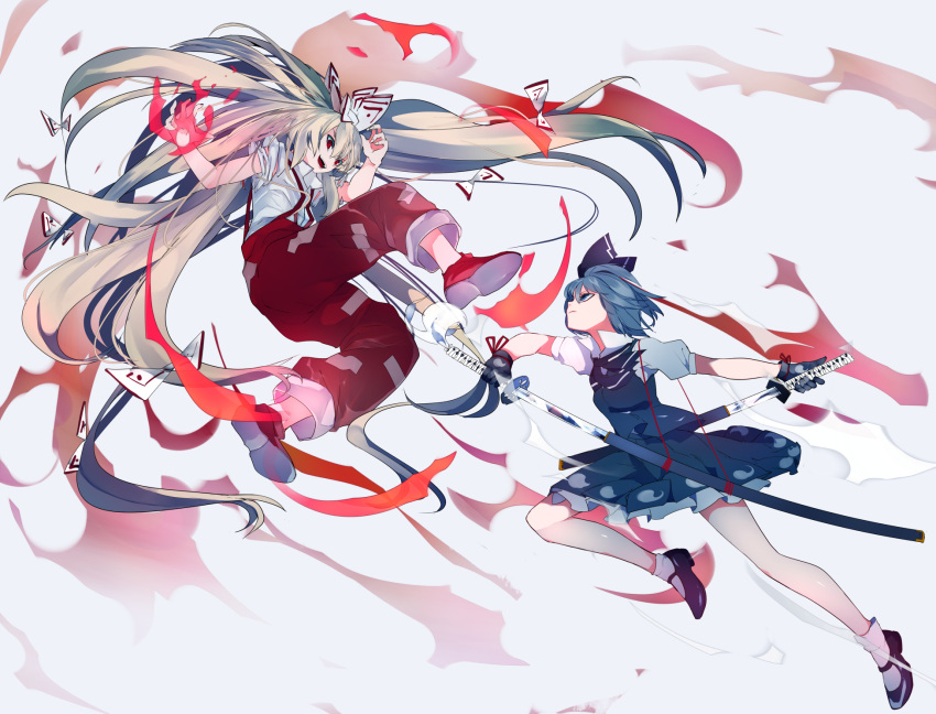 2girls blue_eyes bob_cut bow buttons closed_mouth collared_shirt commentary_request dual_wielding fighting fire fujiwara_no_mokou green_vest hair_between_eyes hair_bow hair_ribbon highres ikurauni katana konpaku_youmu long_hair looking_at_another multiple_girls open_mouth pants puffy_short_sleeves puffy_sleeves red_eyes red_footwear ribbon sheath shirt shoes short_hair short_sleeves silver_hair simple_background suspenders sword teeth torn_clothes torn_shirt touhou very_long_hair vest weapon white_bow white_hair white_shirt