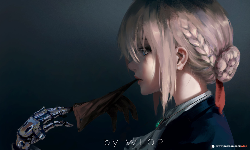 1girl artist_name blonde_hair braid commentary ears_visible_through_hair from_side highres original patreon_username short_hair solo violet_evergarden wlop