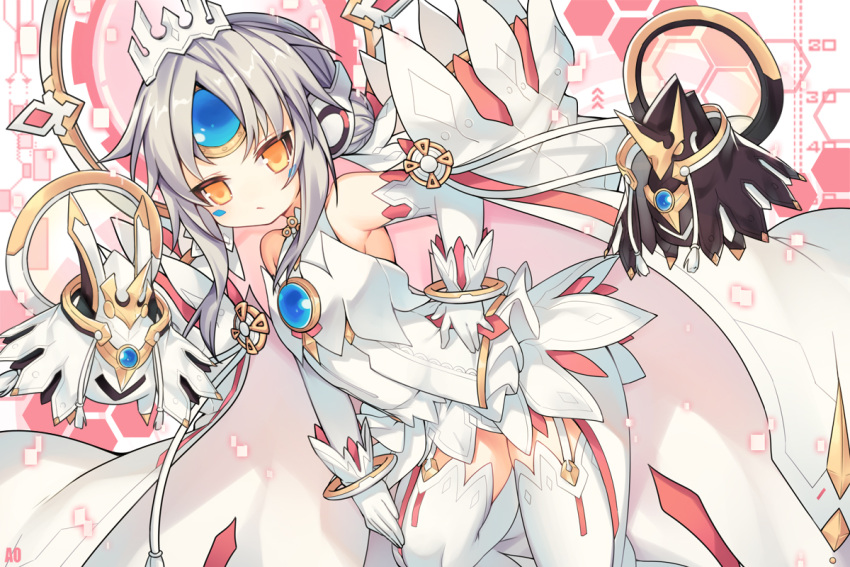 1girl bare_shoulders blush breasts brown_eyes closed_mouth dress dutch_angle elbow_gloves elsword eve_(elsword) garter_straps gloves hair_bun hand_on_hip leaning_forward long_hair looking_at_viewer sidelocks silver_hair sleeveless sleeveless_dress small_breasts solo thigh-highs tiara utm white_dress white_gloves white_legwear