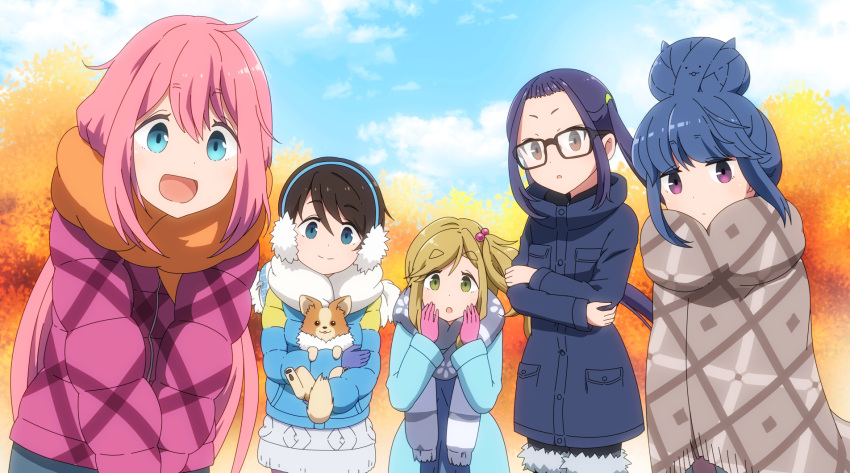 5girls beanie blue_eyes blue_hair blue_sky blurry blush brown_hair capelet clouds commentary_request crossed_arms day depth_of_field dog earmuffs eyebrows_visible_through_hair fang glasses gloves hair_bun half-closed_eyes hands_on_own_face hat highres hug inuyama_aoi jacket kagamihara_nadeshiko long_sleeves looking_at_viewer multiple_girls oogaki_chiaki open_mouth outdoors pink_hair saitou_ena scarf shima_rin shirosato side_ponytail sky smile thick_eyebrows tree twintails violet_eyes winter_clothes yurucamp