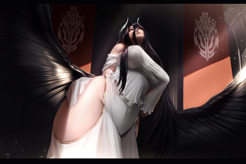 1girl albedo black_hair black_wings blonde_hair breasts demon_girl demon_horns demon_wings dress gloves hair_between_eyes hand_on_breast highres horns large_breasts long_hair milk-doll overlord_(maruyama) solo thigh-highs thighs very_long_hair white_dress white_gloves wings