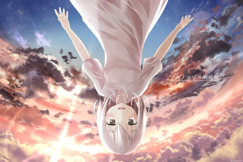 1girl :d absurdres bangs blue_sky brown_eyes character_request clouds cloudy_sky commentary_request crying crying_with_eyes_open eyebrows_visible_through_hair hair_between_eyes hamayuu_(litore) highres looking_at_viewer open_mouth outdoors scenery see-through_silhouette shirt short_sleeves silver_hair sky smile solo tears translation_request twitter_username upside-down vocaloid white_shirt
