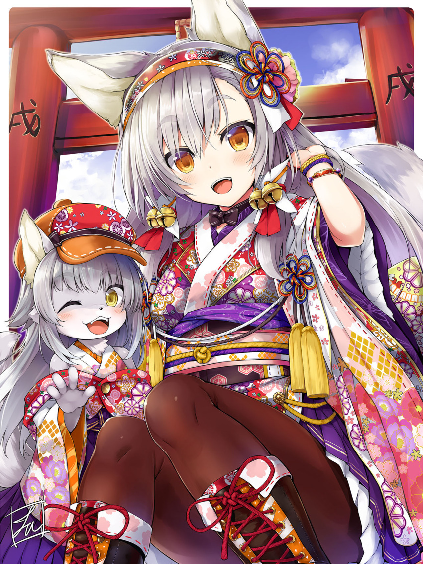 2girls :d animal_ears bangs bell blush boots brown_eyes brown_legwear commentary_request cross-laced_footwear day eyebrows_visible_through_hair fang fangs floral_print furry hair_bell hair_ornament hairband hakama hand_up hat highres japanese_clothes kimono knee_boots lace-up_boots long_hair long_sleeves looking_at_viewer multiple_girls obi one_eye_closed open_mouth original outdoors pantyhose print_kimono sash sidelocks signature silver_hair sitting smile tail tirotata torii wide_sleeves wolf_ears wolf_tail yellow_eyes