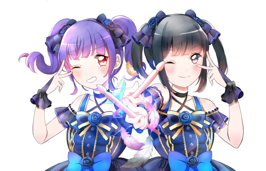 2girls bang_dream! bangs black_bow black_choker black_eyes black_hair blue_bow blush bow bowtie bridal_veil center_frills choker dress drumsticks feathers flower grin hair_bow hair_flower hair_ornament highres holding_drumsticks looking_at_viewer multiple_girls outstretched_arm purple_hair red_eyes sakuragawa_megu seiyuu seiyuu_connection sidelocks simple_background smile twintails udagawa_ako upper_body v v-shaped_eyebrows v_over_eye veil white_background yuyuyugoonn