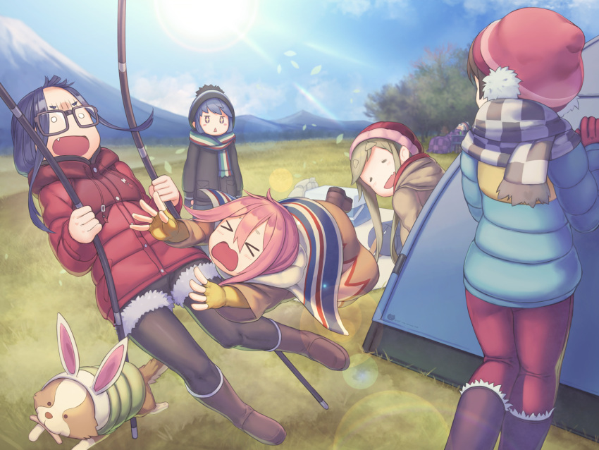 &gt;_&lt; 6+girls black_legwear blanket blue_hair blue_sky blurry blush boots brown_hair camping closed_eyes clouds commentary_request depth_of_field dog earmuffs eyebrows_visible_through_hair fang fingerless_gloves fleeing gloves grass half-closed_eyes hat highres inuyama_aoi jacket kagamihara_nadeshiko long_sleeves mountain multiple_girls o_o oogaki_chiaki open_mouth outdoors pants pantyhose pantyhose_under_shorts pink_hair rotix saitou_ena scarf shima_rin shocked_eyes shorts sky sparkling_eyes sunlight surprised tent thick_eyebrows wavy_mouth winter_clothes yurucamp