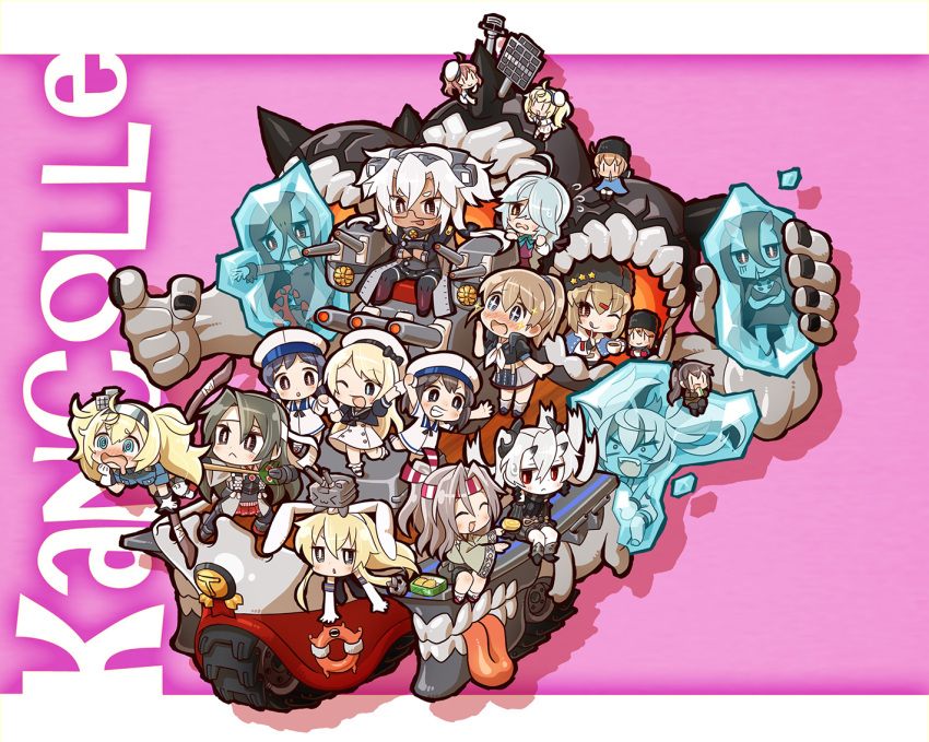 +_+ 6+girls :&lt; :d @_@ ^_^ ^o^ ahoge battleship_hime battleship_water_oni black_hair black_hat blonde_hair blue_eyes blue_sailor_collar blush breast_pocket brown_eyes brown_hair chaki_(teasets) closed_eyes daitou_(kantai_collection) dress elbow_gloves escort_water_hime fairy_(kantai_collection) food gambier_bay_(kantai_collection) glasses gloves grey_hair grin hachimaki hair_between_eyes hair_over_one_eye hamanami_(kantai_collection) hat headband hiburi_(kantai_collection) high_ponytail holding horn horns intrepid_(kantai_collection) jervis_(kantai_collection) kantai_collection light_brown_hair long_hair machinery multicolored multicolored_clothes multicolored_gloves multiple_girls musashi_(kantai_collection) one_eye_closed open_mouth pocket ponytail red_eyes remodel_(kantai_collection) rensouhou-chan sailor_collar sailor_dress sailor_hat shimakaze_(kantai_collection) shinkaisei-kan short_hair short_sleeves silver_hair sleeveless smile tashkent_(kantai_collection) tongue tongue_out turret twintails v-shaped_eyebrows white_gloves white_hair white_hat white_headband zuihou_(kantai_collection) zuikaku_(kantai_collection)